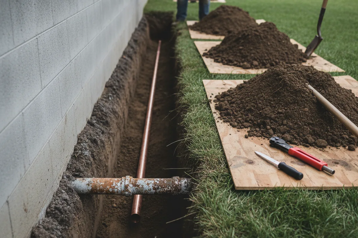 Excavated water line trench during Water Heater Repair in Hill Afb